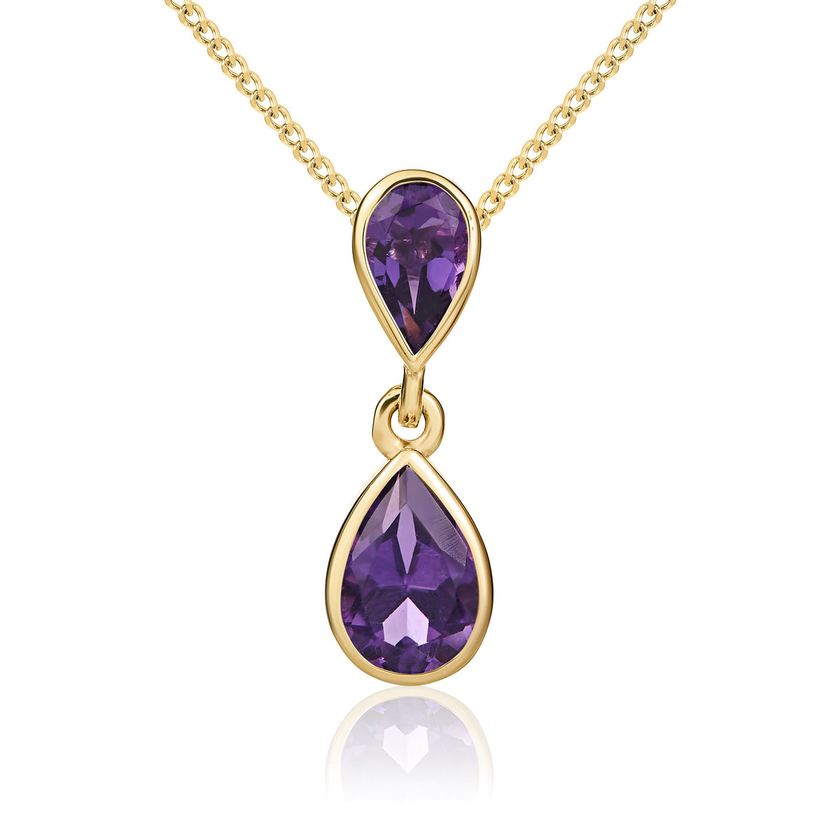 9CT YG PEARSHAPE AMETHYST RUBOVER 2ST DROP PENDANT