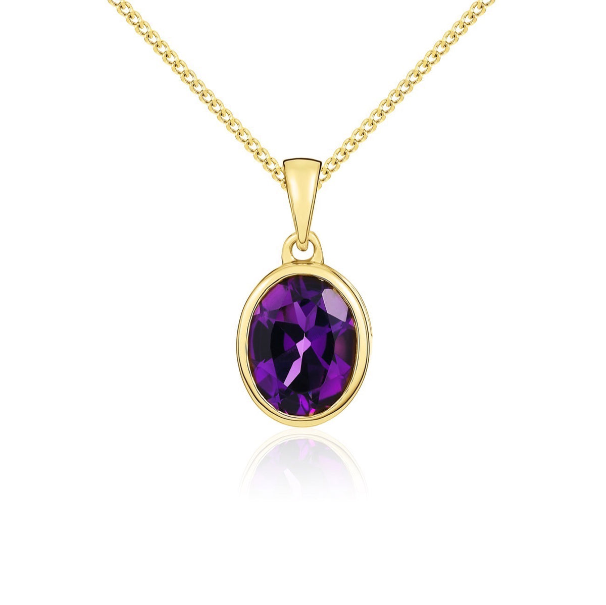 9CT YG 9X7MM OVAL AMETHYST SINGLE STONE RUBOVER PENDANT WITH PLAIN LOOP
