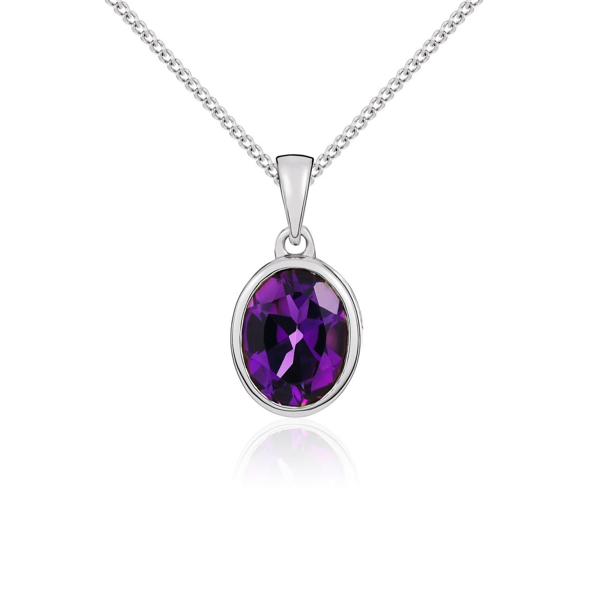 9CT WG 9X7MM OVAL AMETHYST SINGLE STONE RUBOVER PENDANT WITH PLAIN LOOP