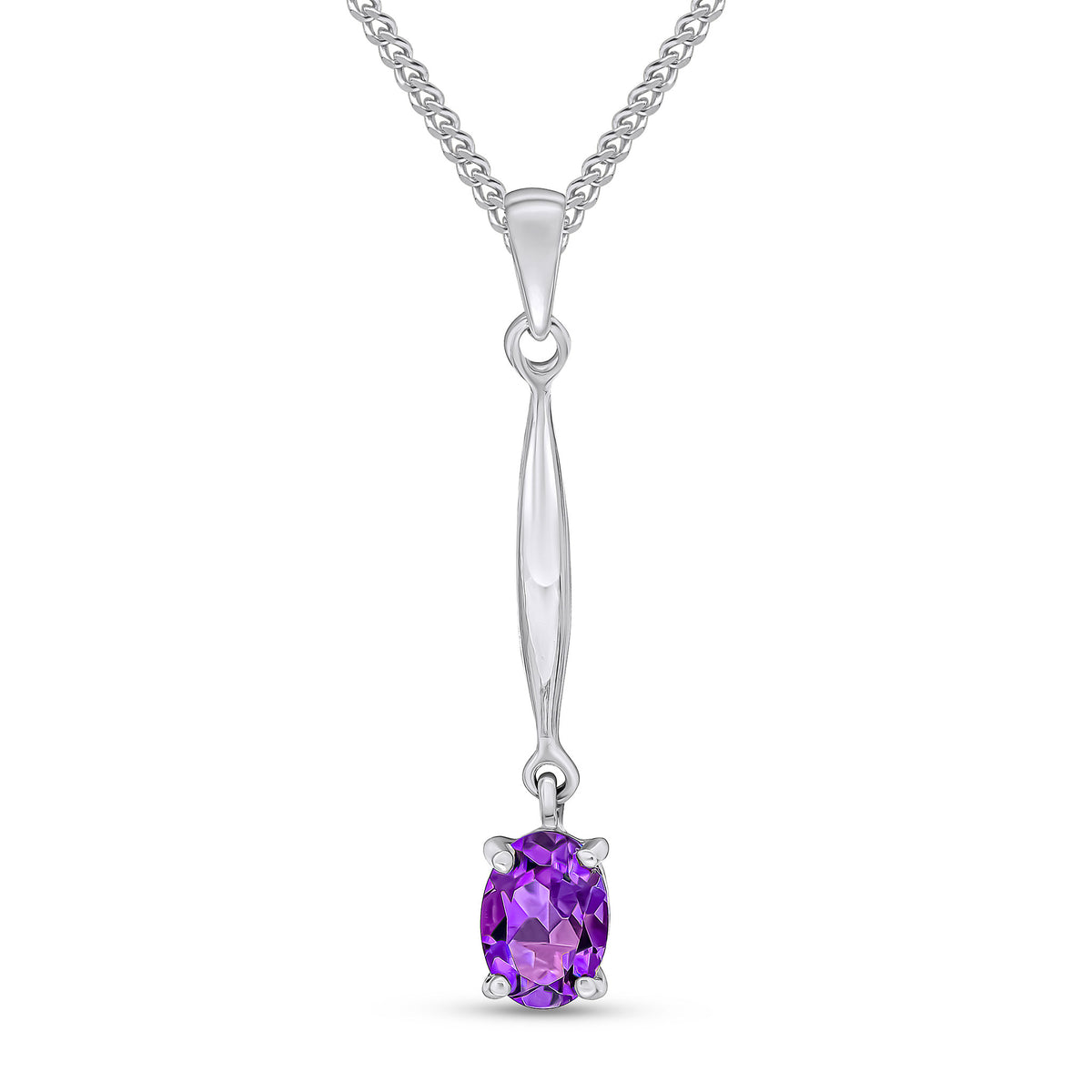 9CT WG 7X5 OVAL CLAW AMETHYST AND BAR PENDANT