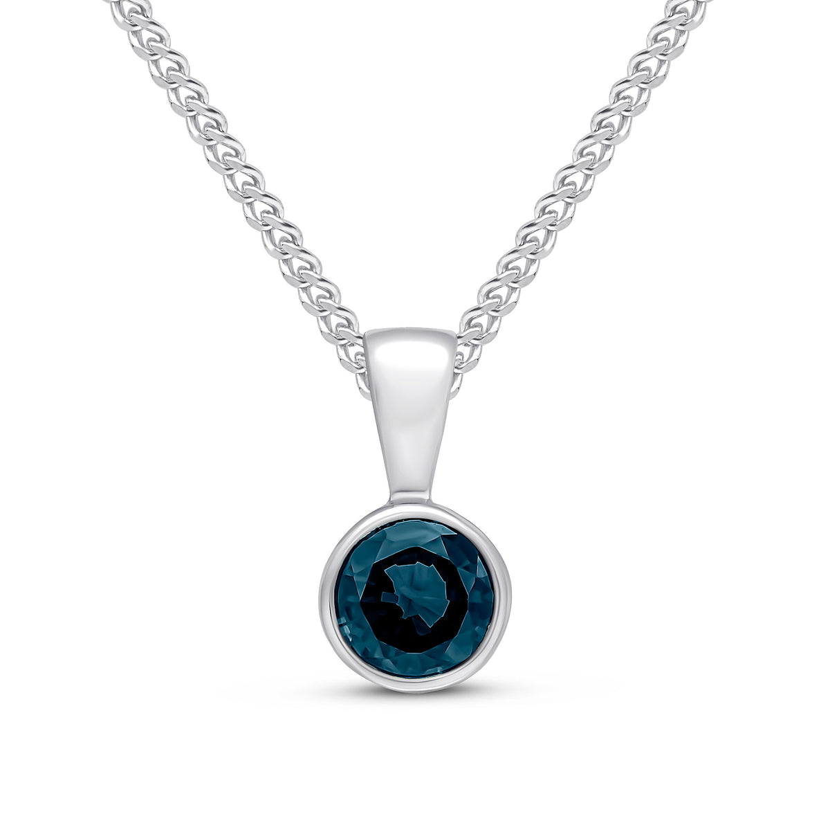 9CT WG 5MM ROUND SAPPHIRE RUBOVER PENDANT