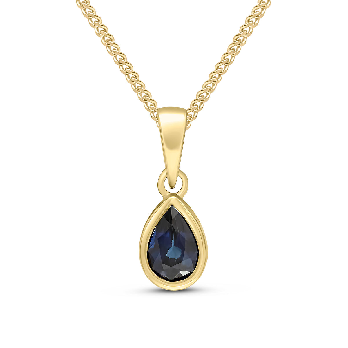 9CT YG 6X4 PEARSHAPE SAPPHIRE RUBOVER SINGLE STONE PENDANT