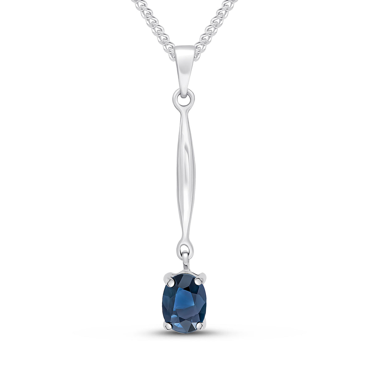 9CT WG 7X5 OVAL CLAW SAPPHIRE AND BAR PENDANT