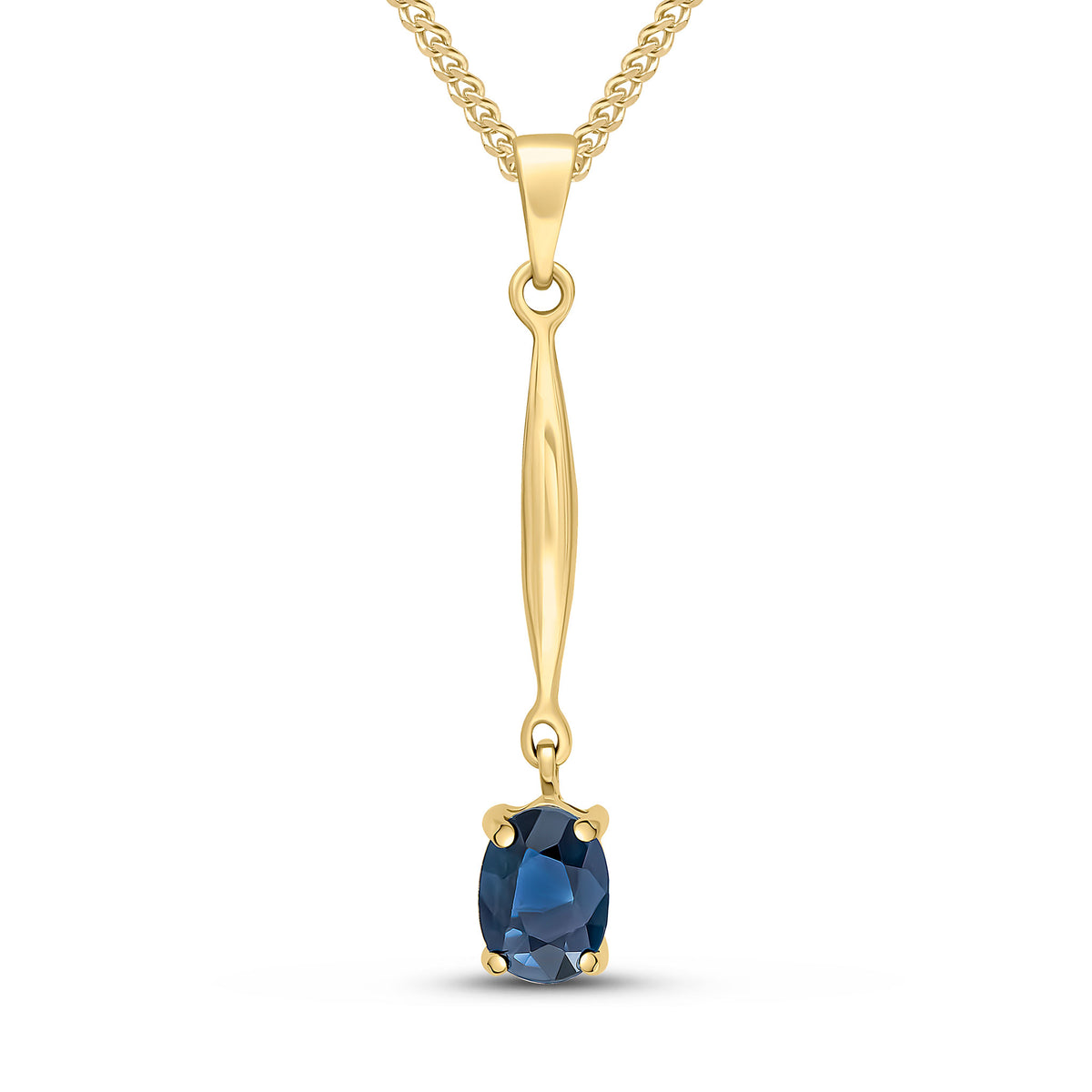 9CT YG 7X5 OVAL CLAW SAPPHIRE AND BAR PENDANT