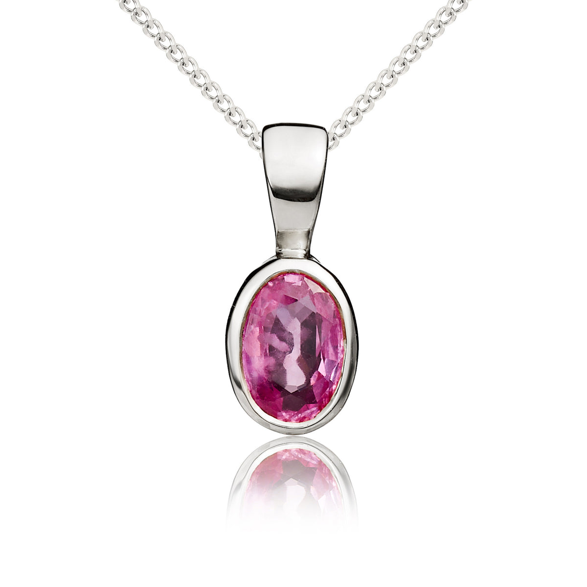 9CT WG 6X4 OVAL PINK SAPPHIRE RUBOVER PENDANT