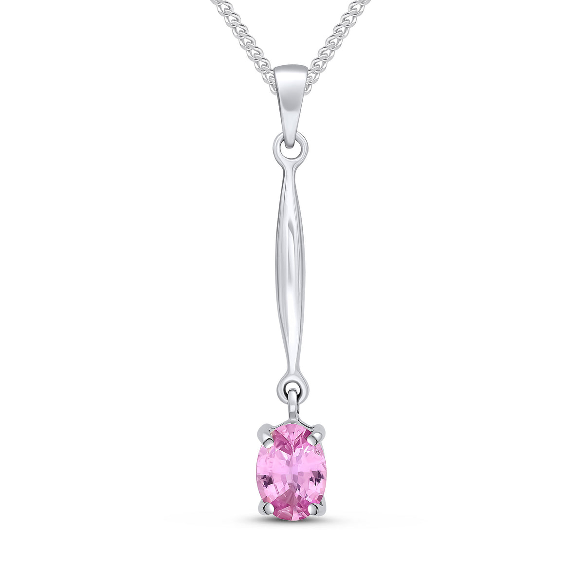 9CT WG 7X5 OVAL CLAW PINK SAPPHIRE AND BAR PENDANT
