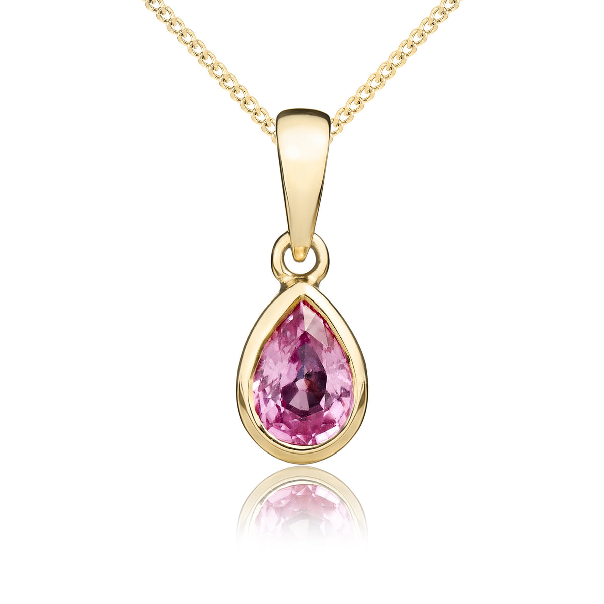 9CT YG 6X4 PEARSHAPE PINK SAPPHIRE RUBOVER SINGLE STONE PENDANT