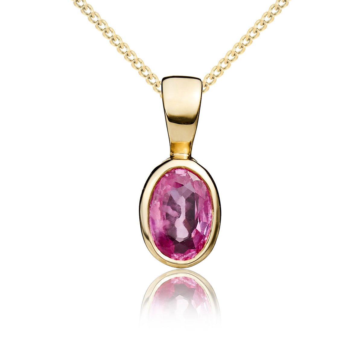9CT YG 6X4 OVAL PINK SAPPHIRE RUBOVER PENDANT