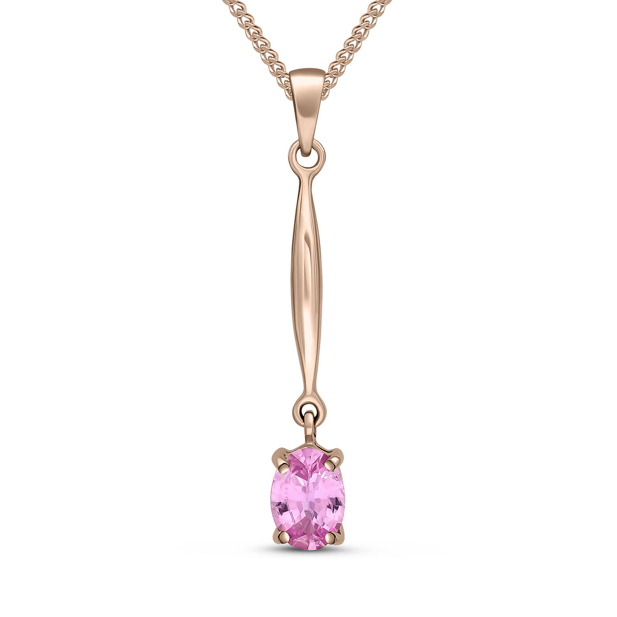 9CT RG 7X5 OVAL CLAW PINK SAPPHIRE AND BAR PENDANT