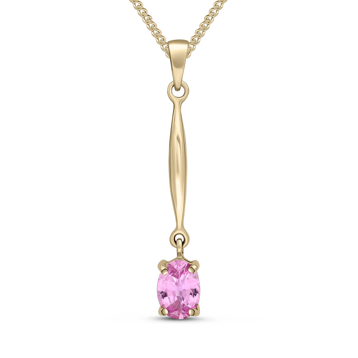 9CT YG 7X5 OVAL CLAW PINK SAPPHIRE AND BAR PENDANT