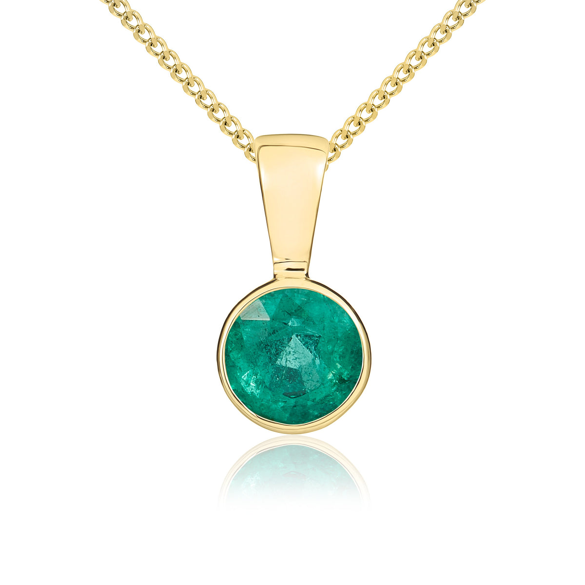 9CT YG 5MM ROUND EMERALD RUBOVER PENDANT
