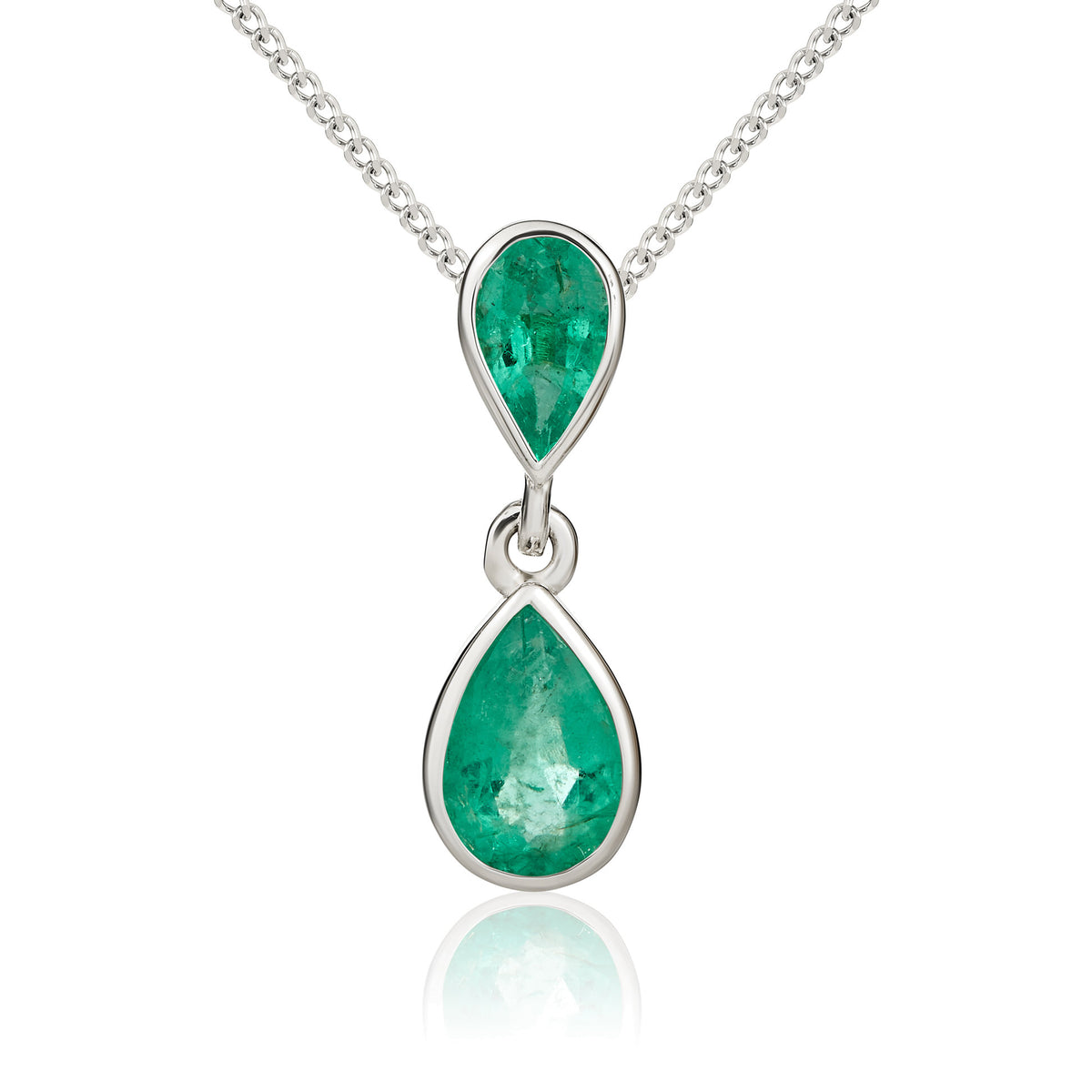 9CT WG PEARSHAPE EMERALD RUBOVER 2ST DROP PENDANT