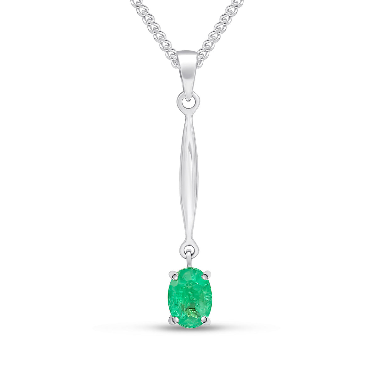 9CT WG 7X5 OVAL CLAW EMERALD AND BAR PENDANT