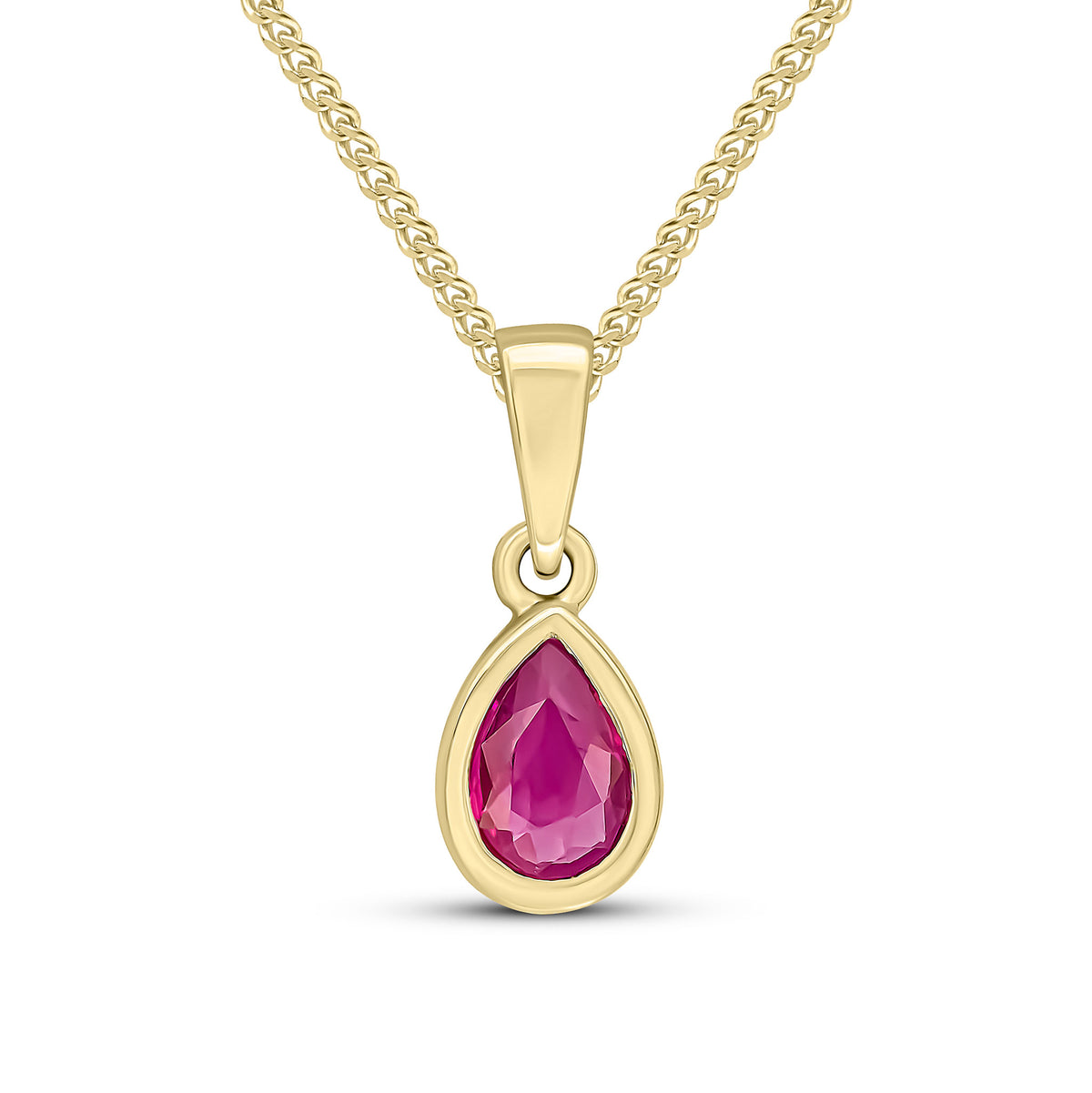 9CT YG 6X4 PEARSHAPE RUBY RUBOVER SINGLE STONE PENDANT