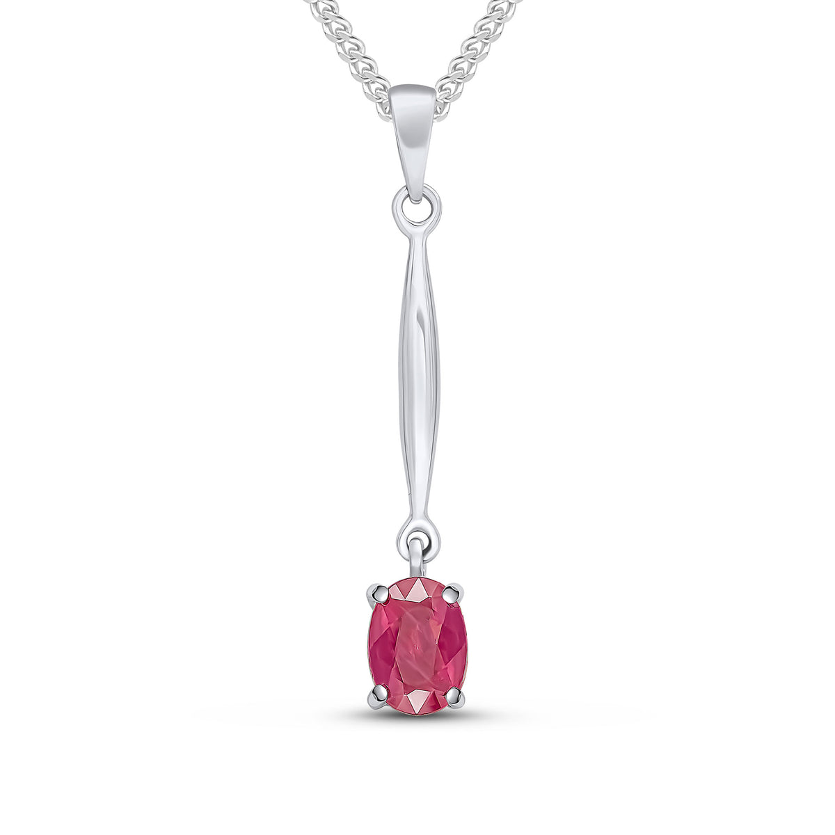 9CT WG 7X5 OVAL CLAW RUBY AND BAR PENDANT