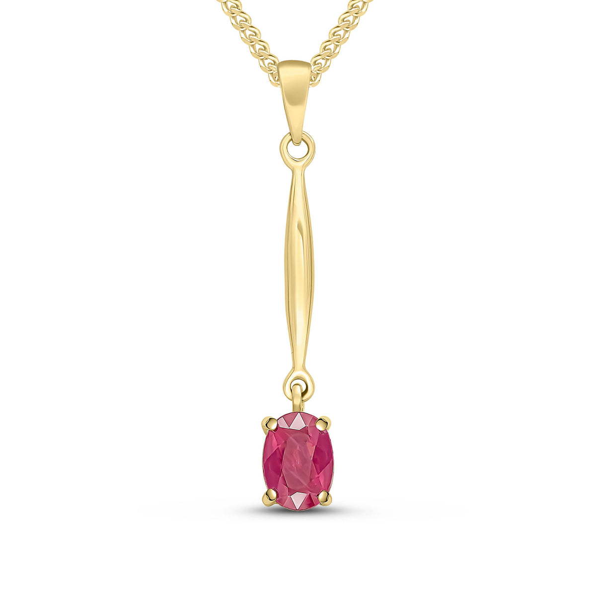9CT YG 7X5 OVAL CLAW RUBY AND BAR PENDANT