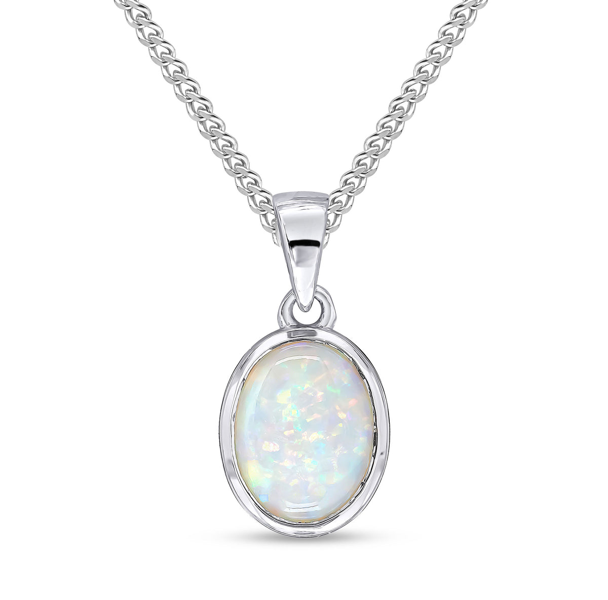 9CT WG 9X7MM OVAL OPAL SINGLE STONE RUBOVER PENDANT WITH PLAIN LOOP