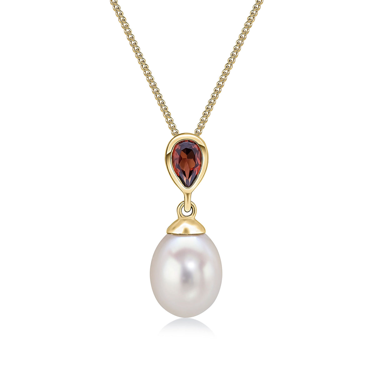 9CT YG PEARL & SINGLE PEARSHAPE GARNET DROP PENDANT