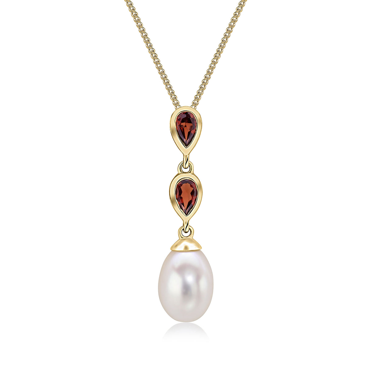 9CT YG PEARL & DOUBLE PEARSHAPE GARNET PENDANT