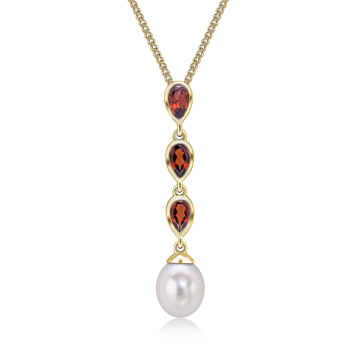 9CT YG PEARL & TRIPLE PEARSHAPE GARNET DROP PENDANT