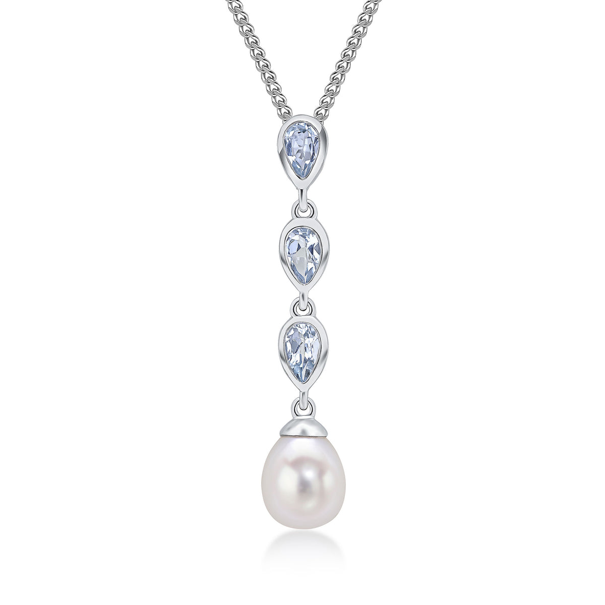 9CT WG PEARL & TRIPLE PEARSHAPE AQUA DROP PENDANT
