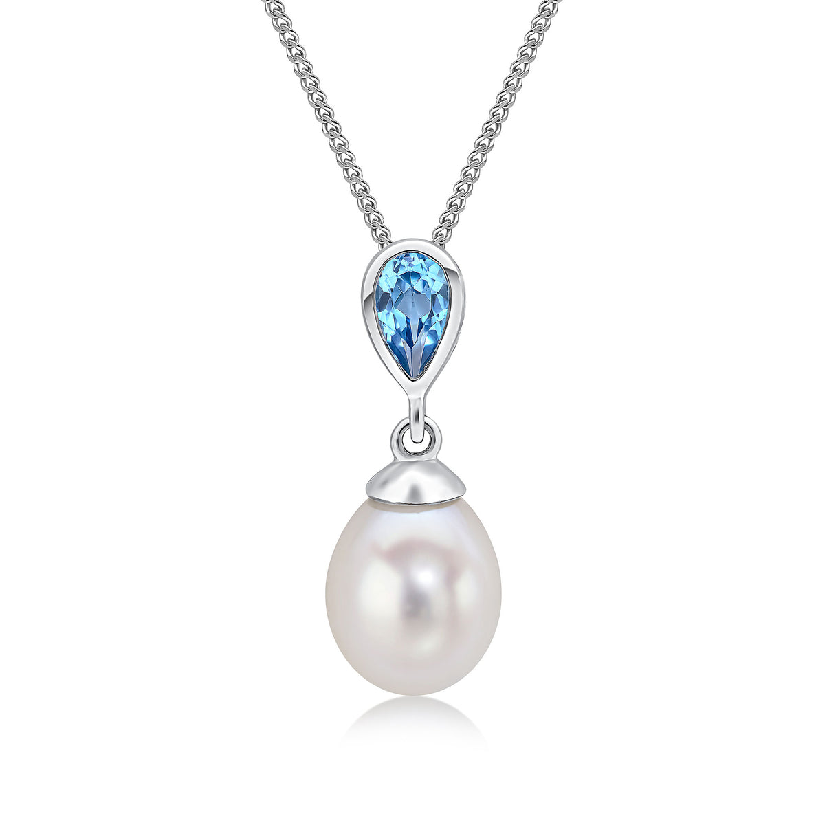 9CT WG PEARL & SINGLE PEARSHAPE SWISS BLUE TOPAZ DROP PENDANT