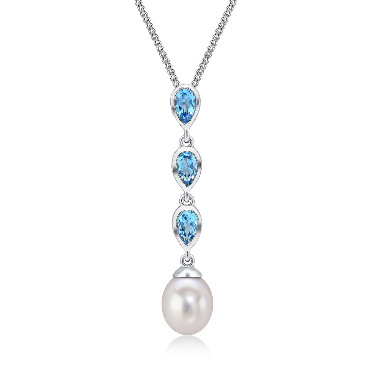 9CT WG PEARL & TRIPLE PEARSHAPE SWISS BLUE TOPAZ DROP PENDANT