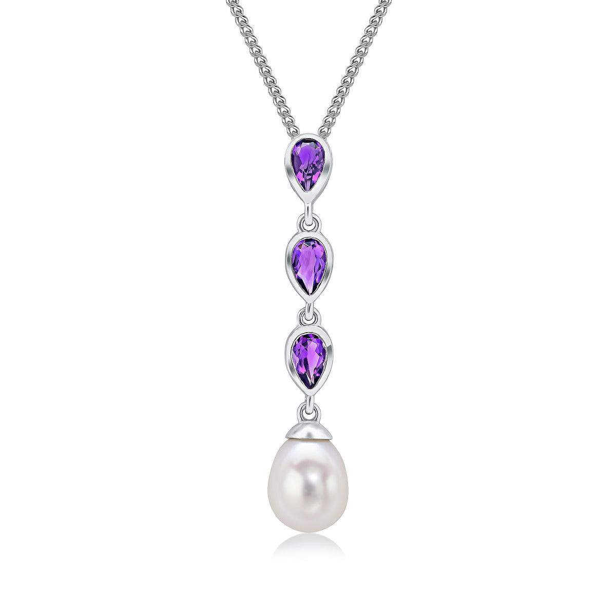 9CT WG PEARL & TRIPLE PEARSHAPE AMETHYST DROP PENDANT