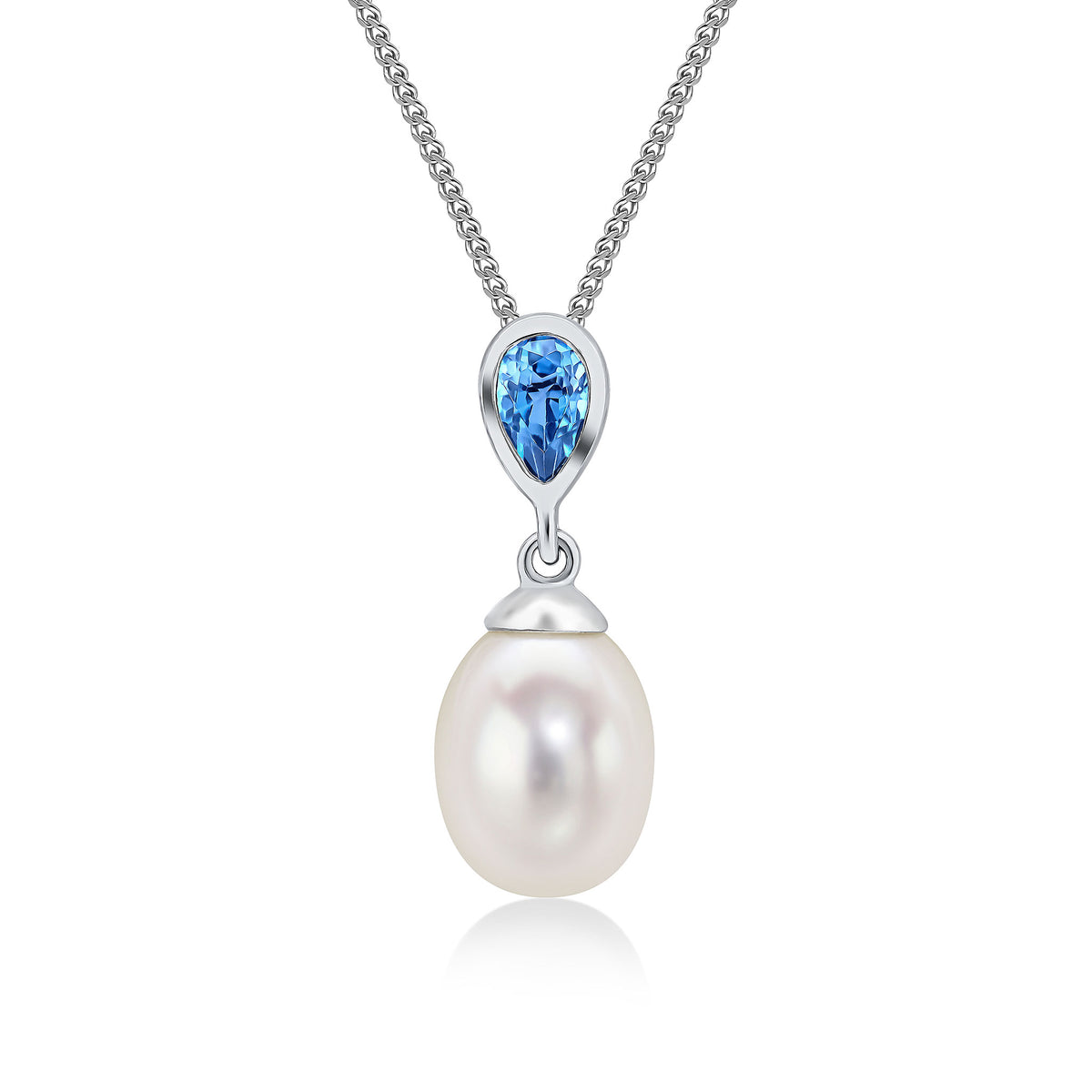 9CT WG PEARL & SINGLE PEARSHAPE LONDON BLUE TOPAZ DROP PENDANT