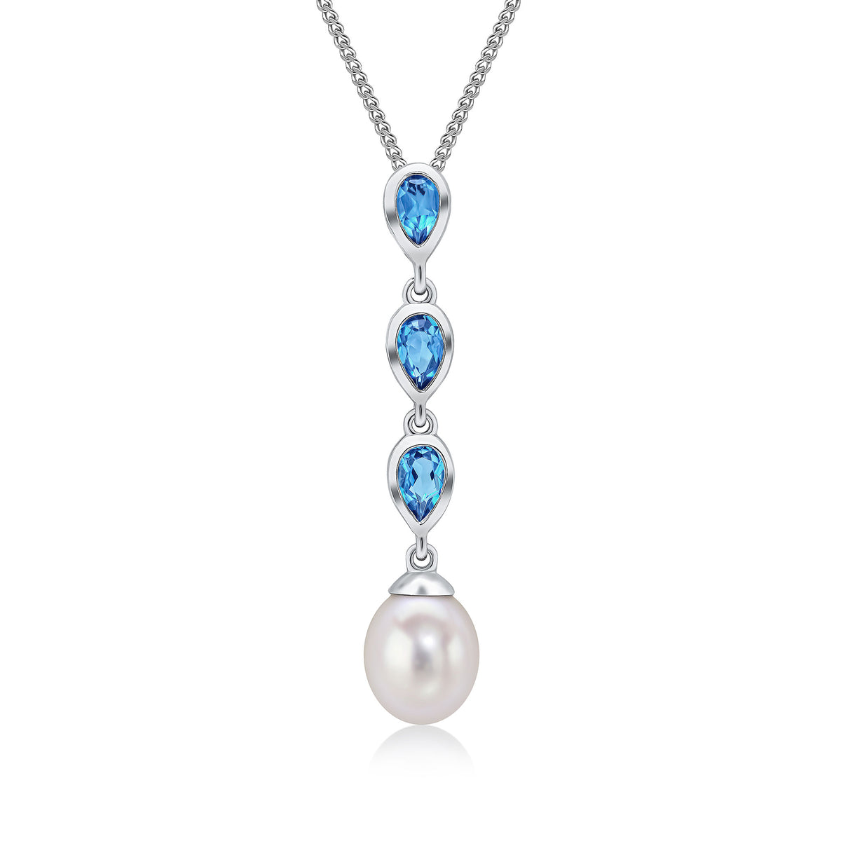 9CT WG PEARL & TRIPLE PEARSHAPE LONDON BLUE TOPAZ DROP PENDANT