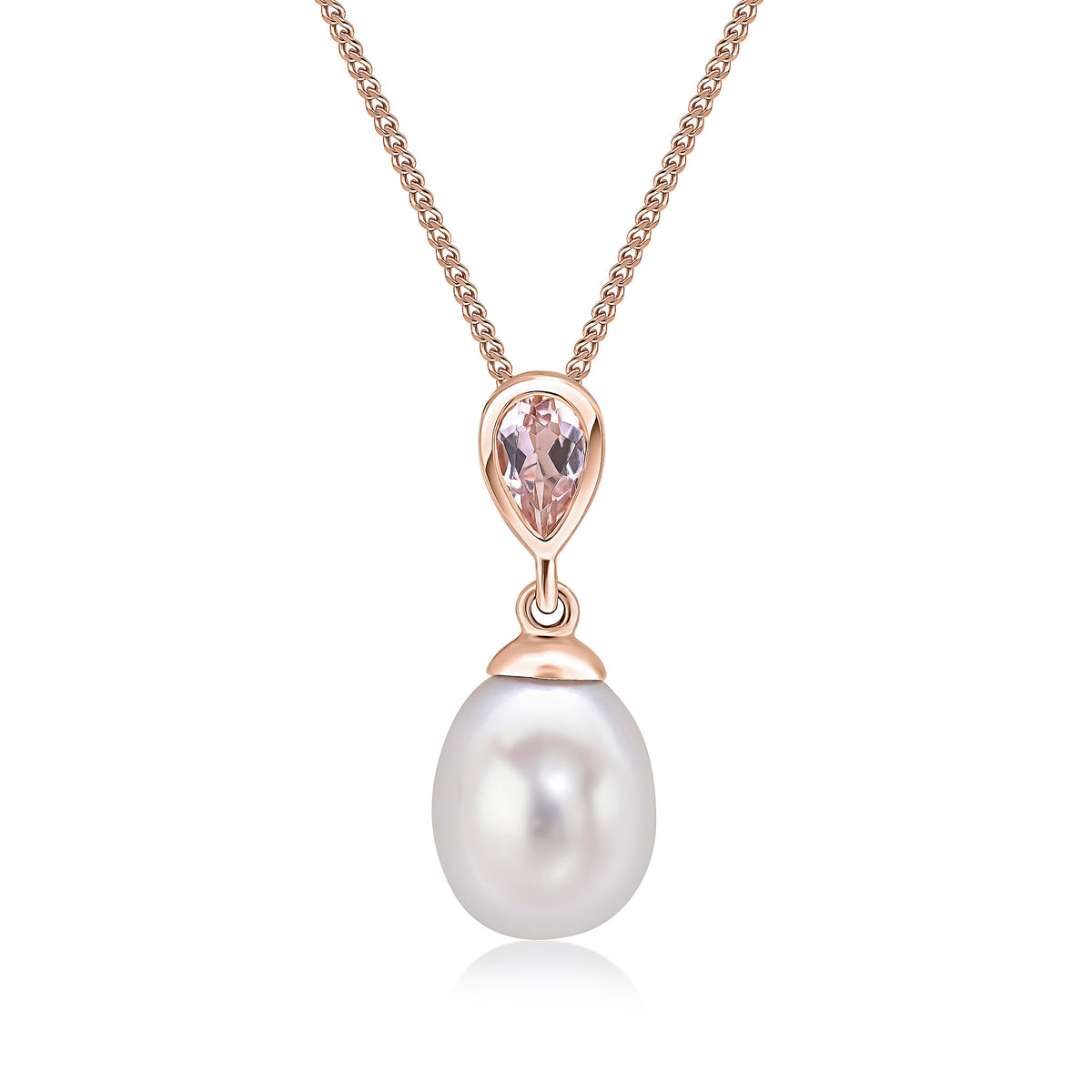 9CT RG PEARL & SINGLE PEARSHAPE MORGANITE DROP PENDANT