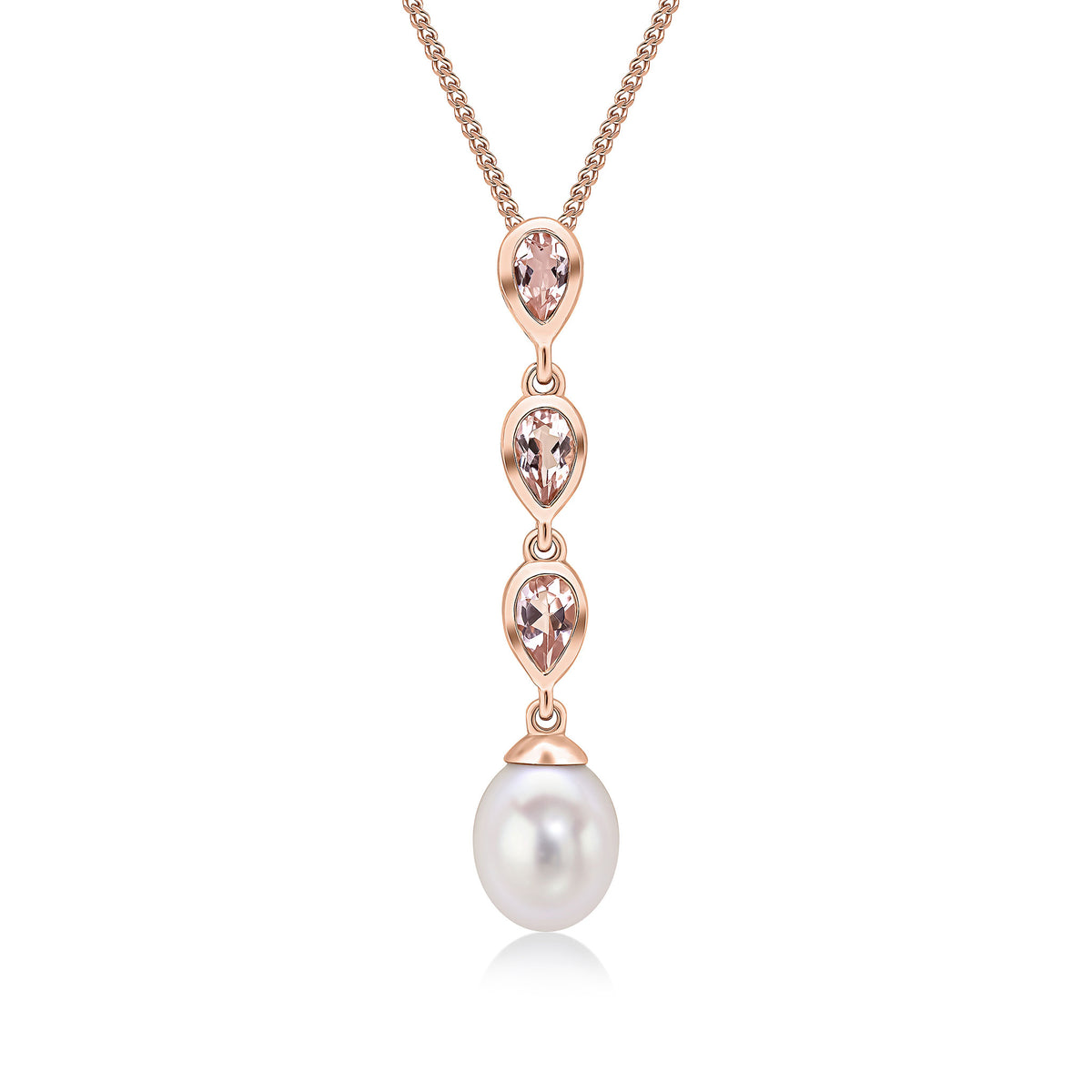 9CT RG PEARL & TRIPLE PEARSHAPE MORGANITE DROP PENDANT