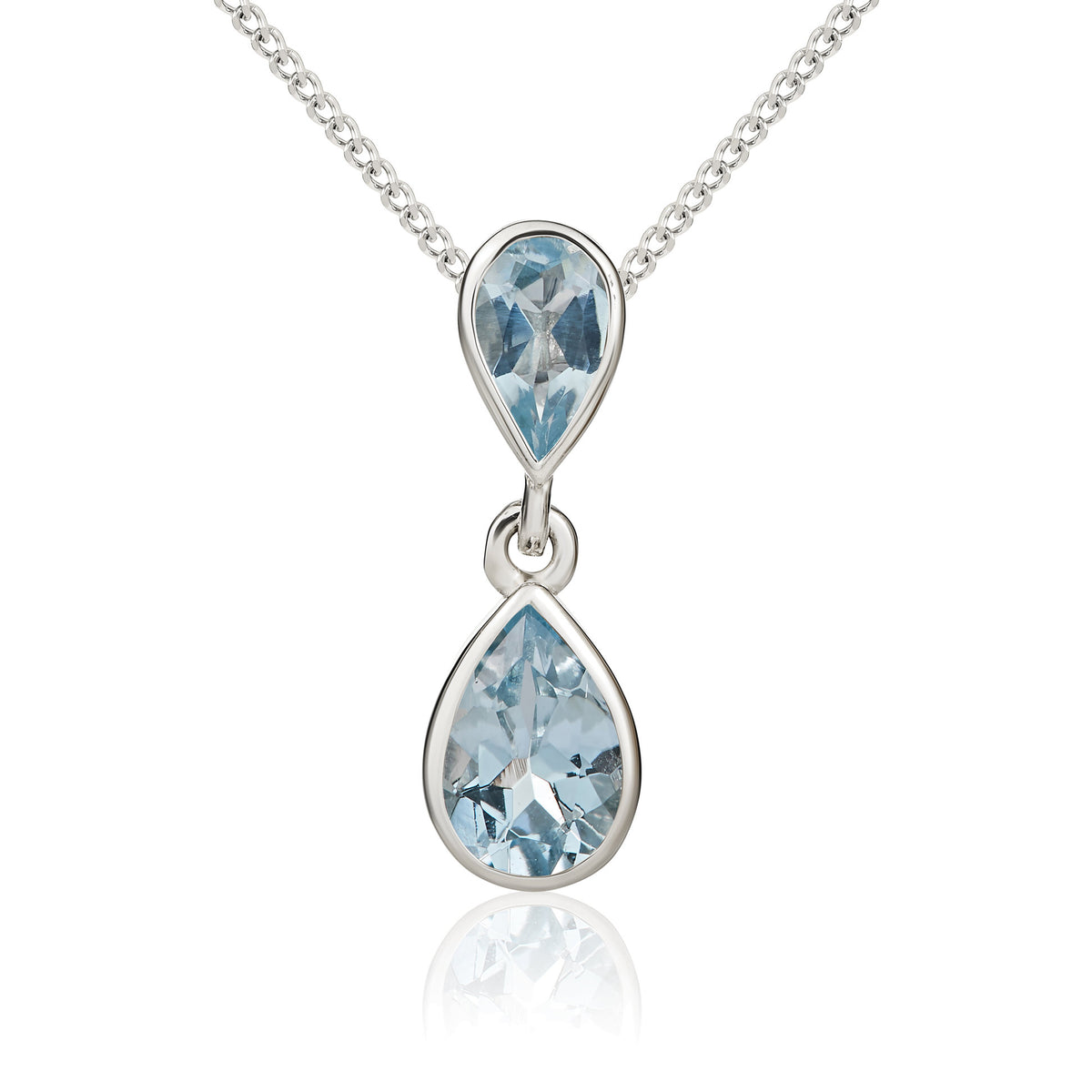 9CT WG PEARSHAPE AQUA RUBOVER 2ST DROP PENDANT