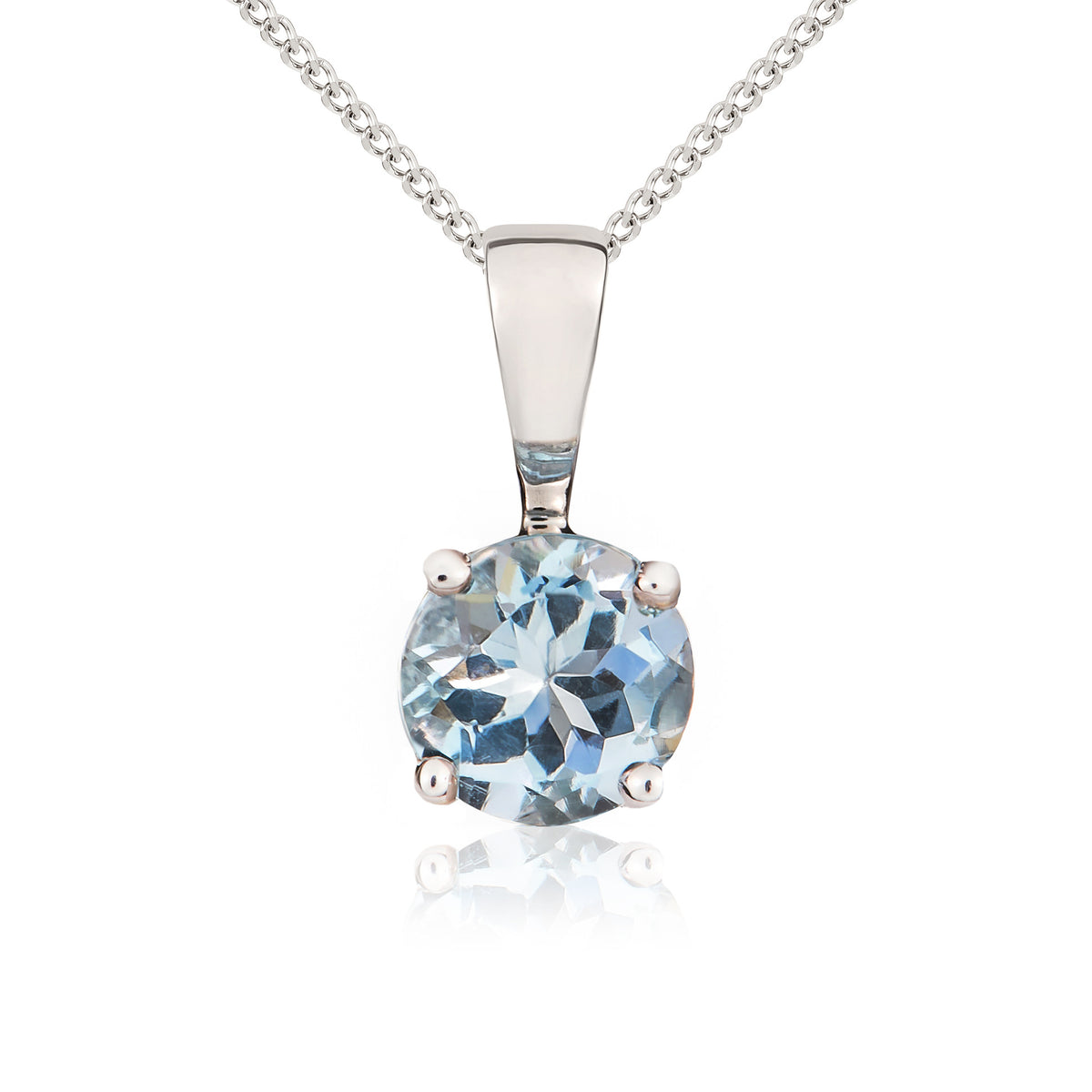 9CT WG 5MM ROUND AQUA 4 CLAW SINGLE STONE PENDANT