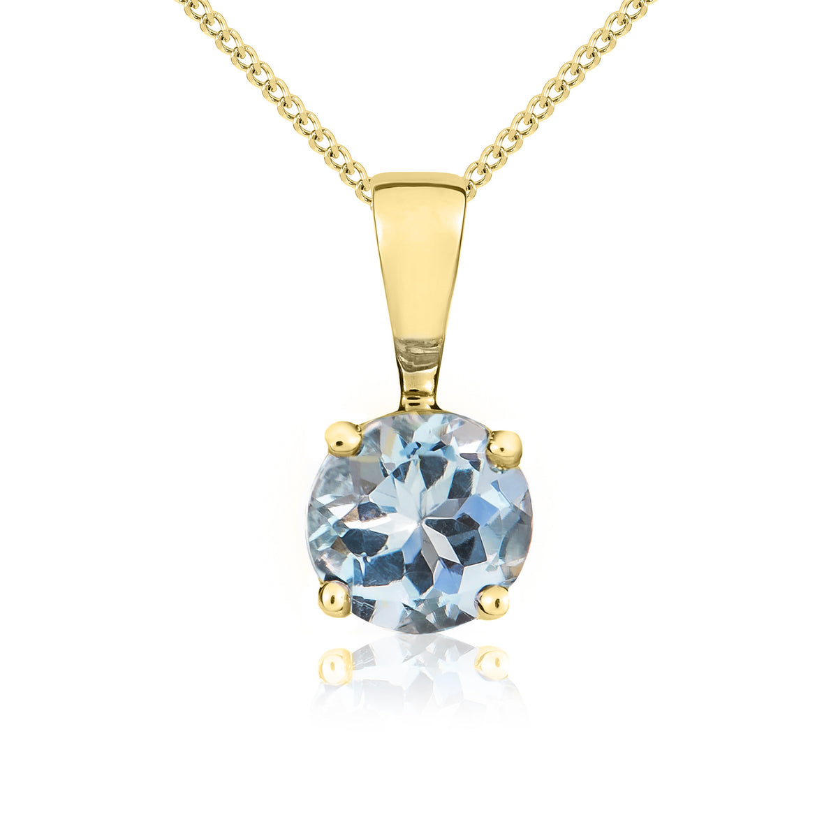 9CT YG 5MM ROUND AQUA 4 CLAW SINGLE STONE PENDANT
