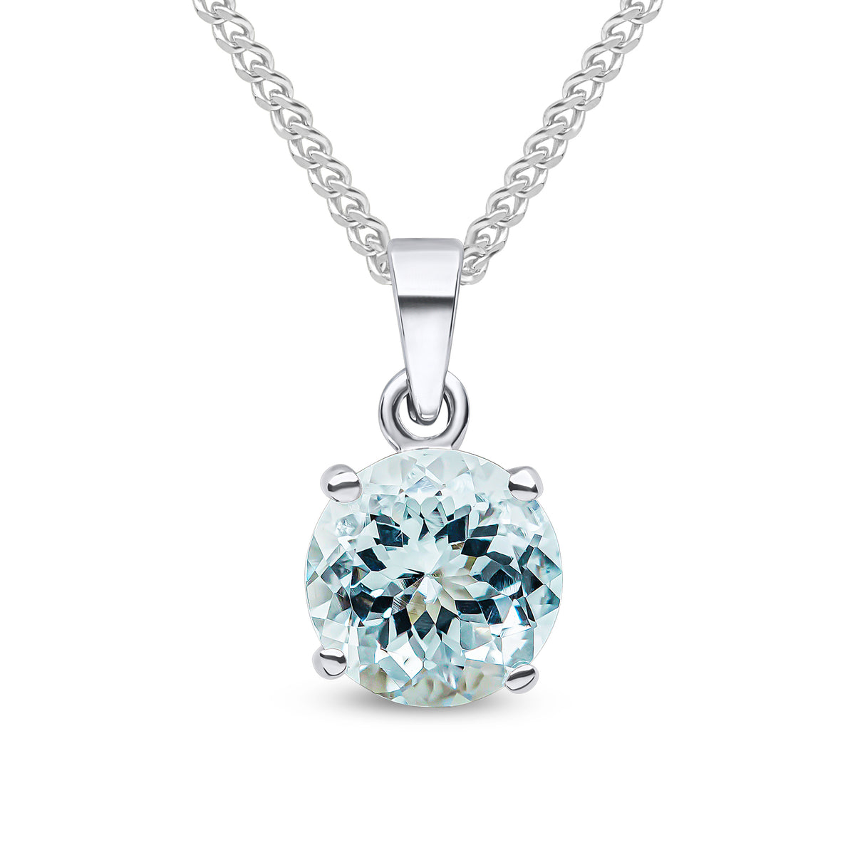 9CT WG 8MM ROUND AQUA CLAW SET PENDANT