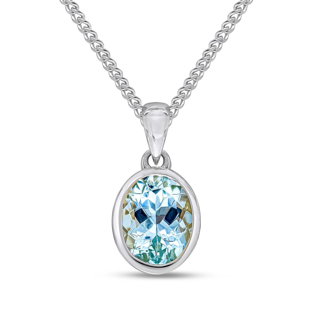 9CT WG 9X7MM OVAL AQUA SINGLE STONE RUBOVER PENDANT WITH PLAIN LOOP