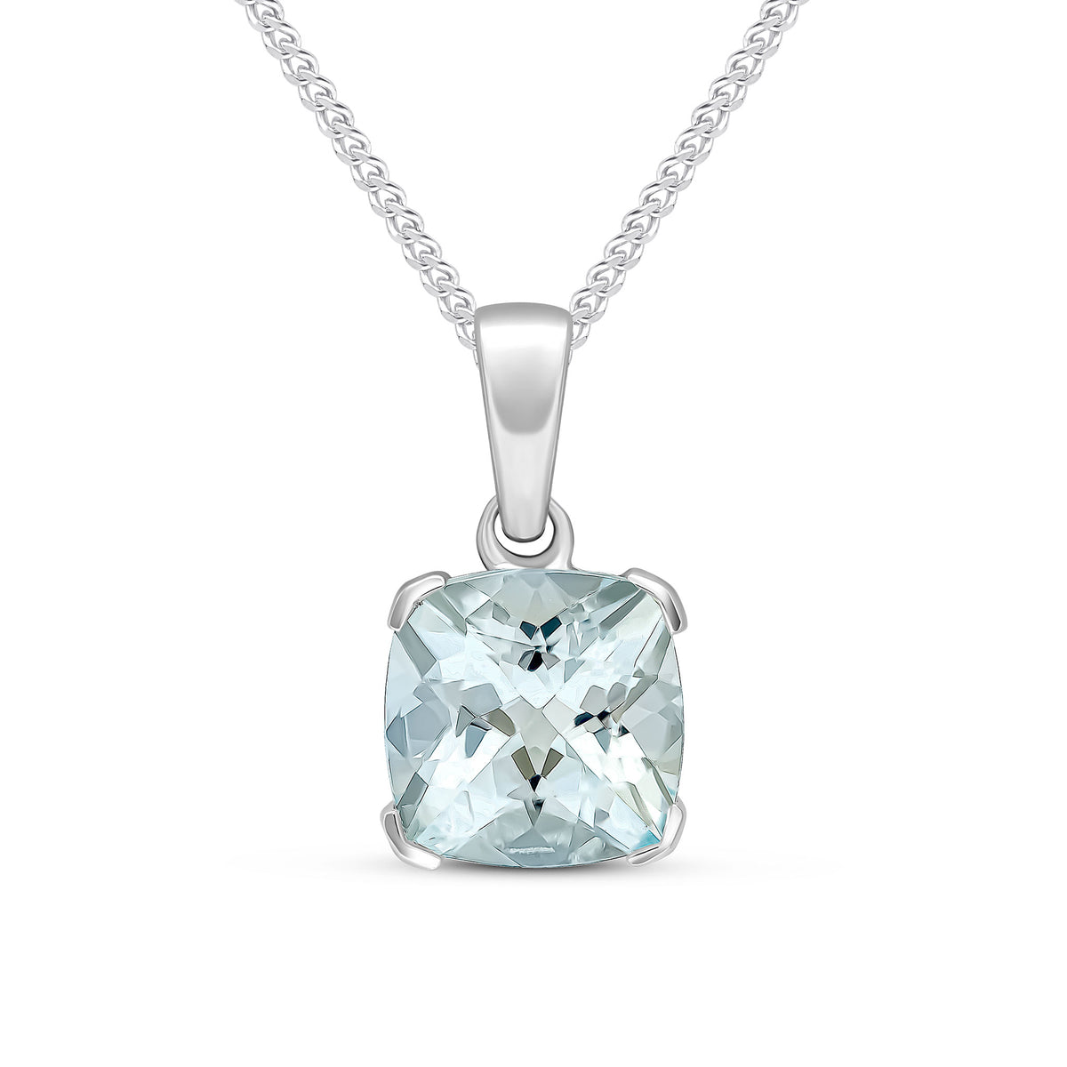 9CT WG 8MM CUSHION AQUA CLAW SET PENDANT