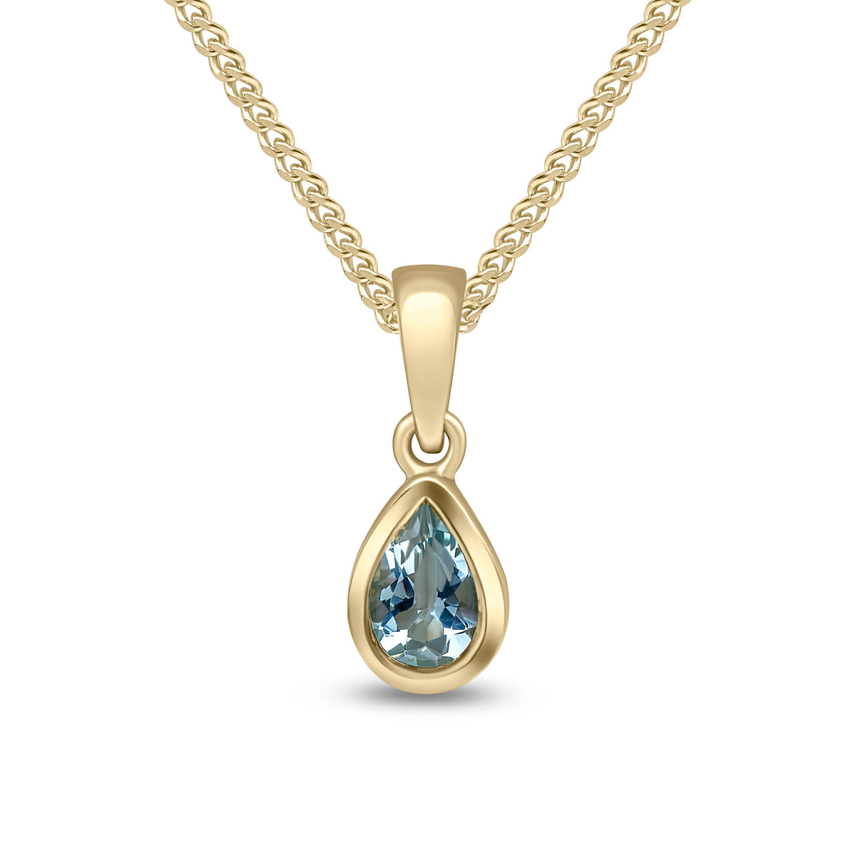 9CT YG 6X4 PEARSHAPE AQUA RUBOVER SINGLE STONE PENDANT