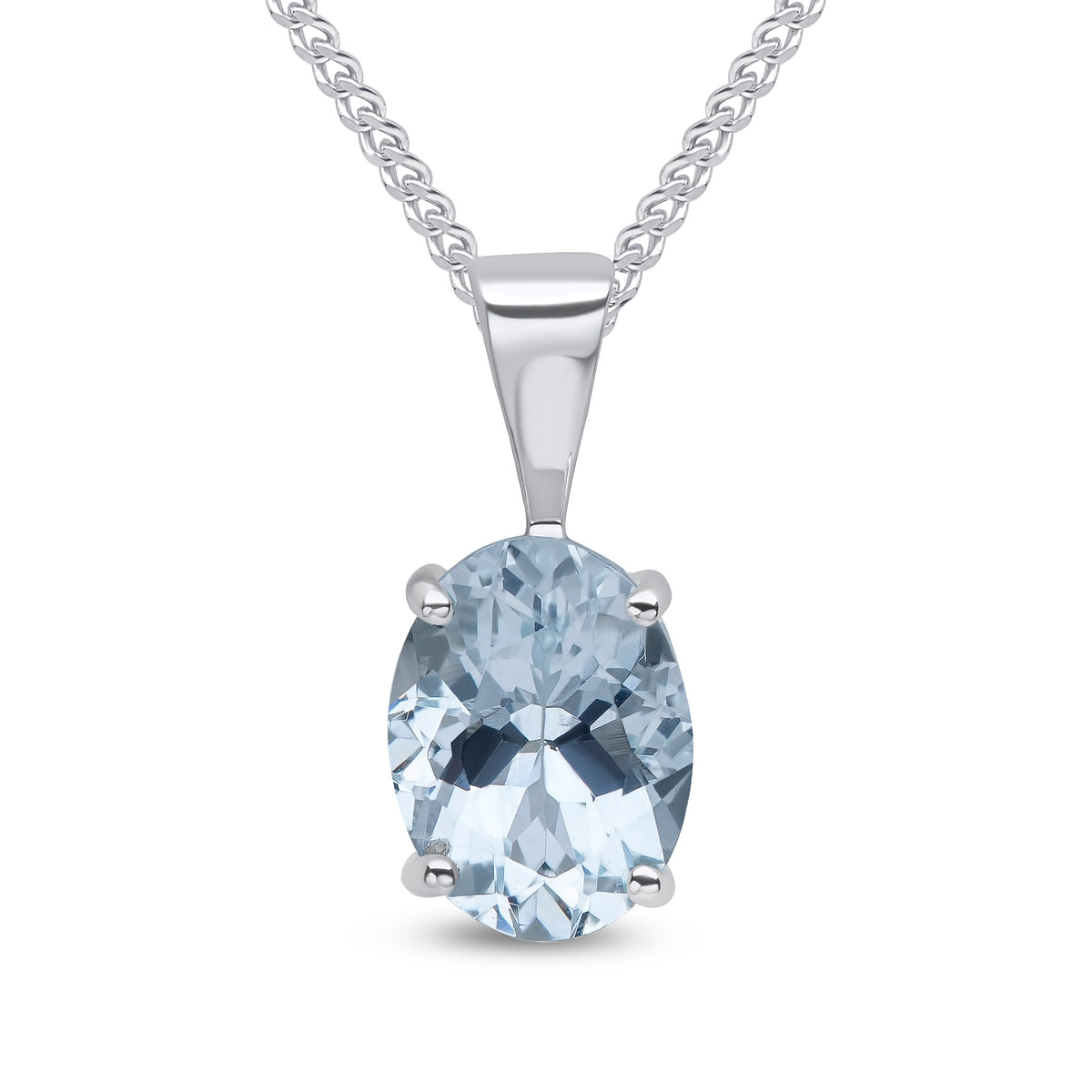 9CT WG 8X6MM OVAL AQUA SINGLE STONE CLAW SET PENDANT