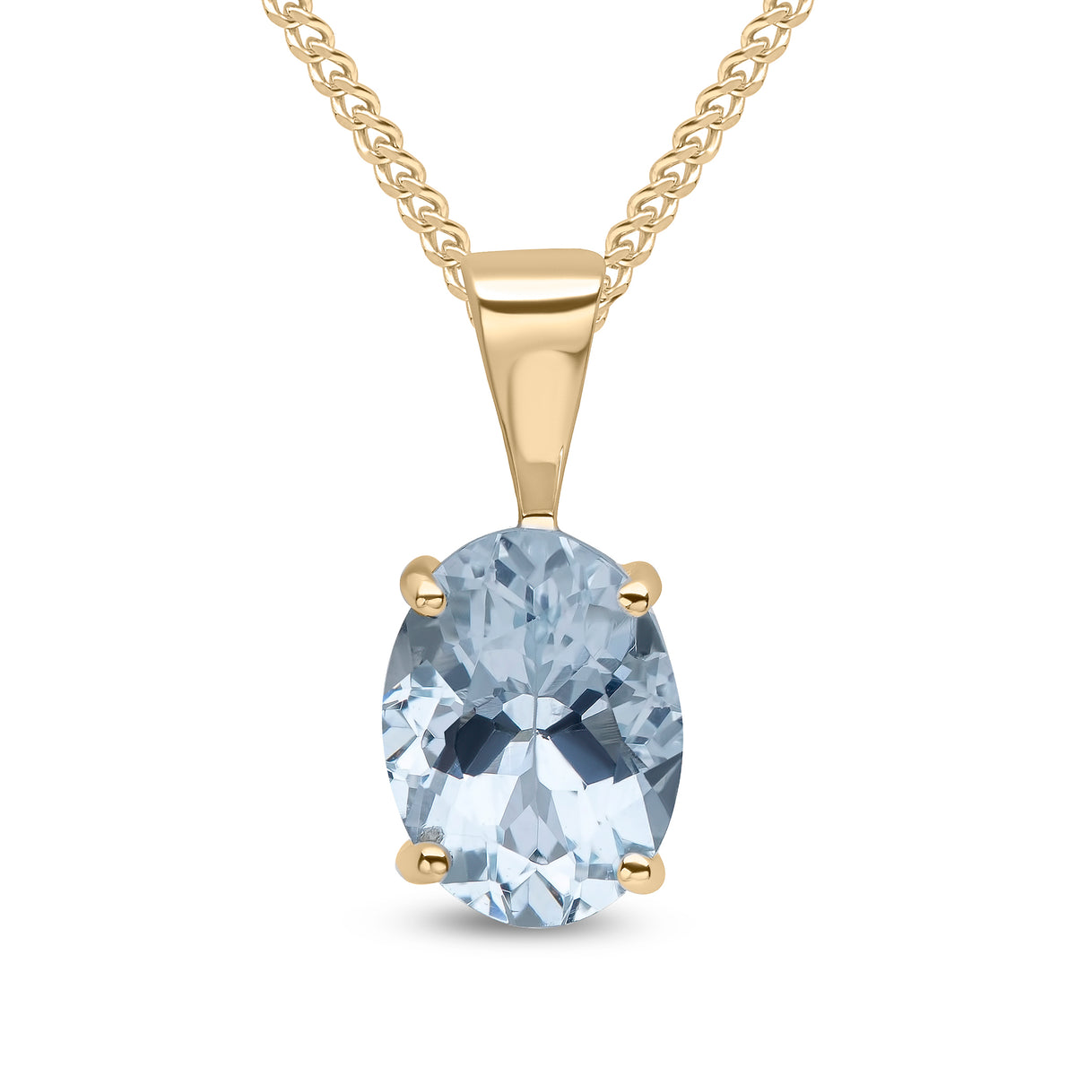 9CT YG 8X6MM OVAL AQUA SINGLE STONE CLAW SET PENDANT
