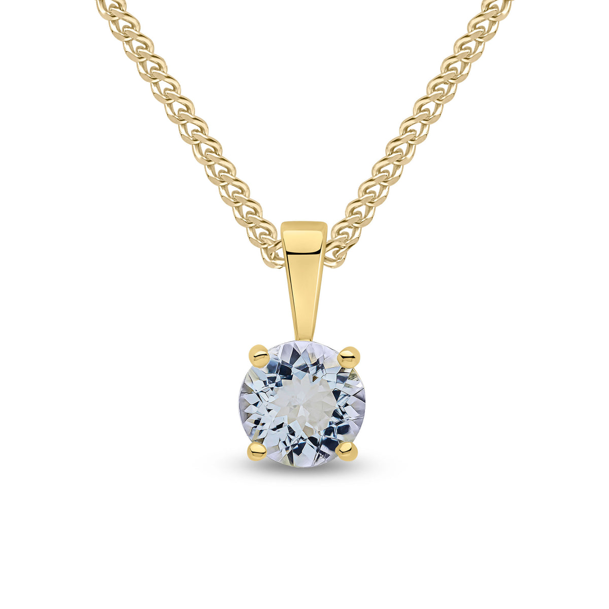 9CT YG 6MM ROUND AQUA 4 CLAW PENDANT