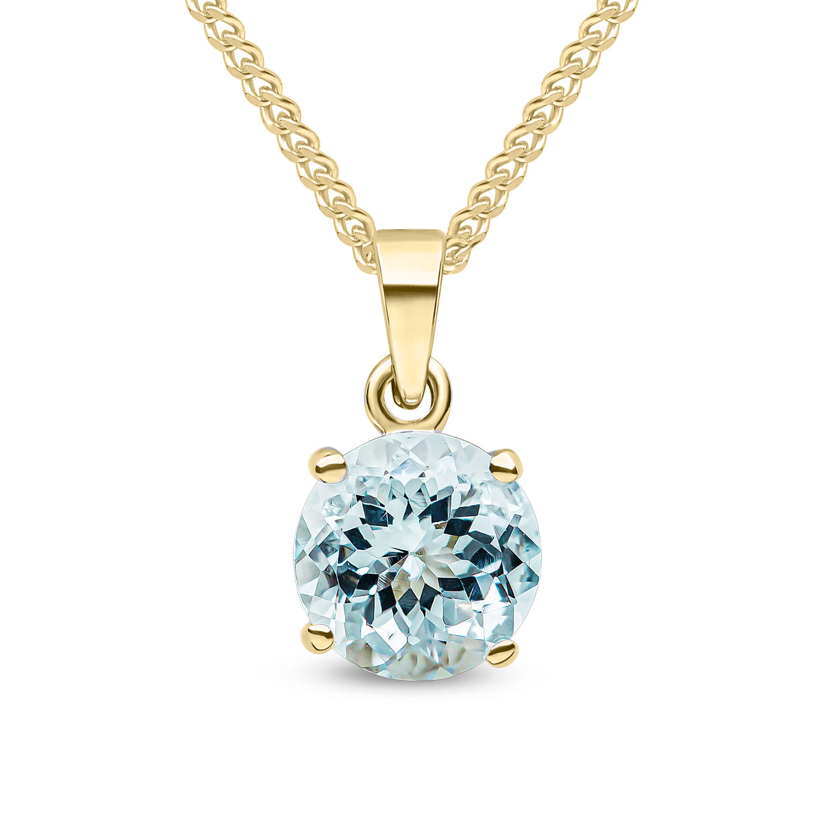 9CT YG 8MM ROUND AQUA CLAW SET PENDANT