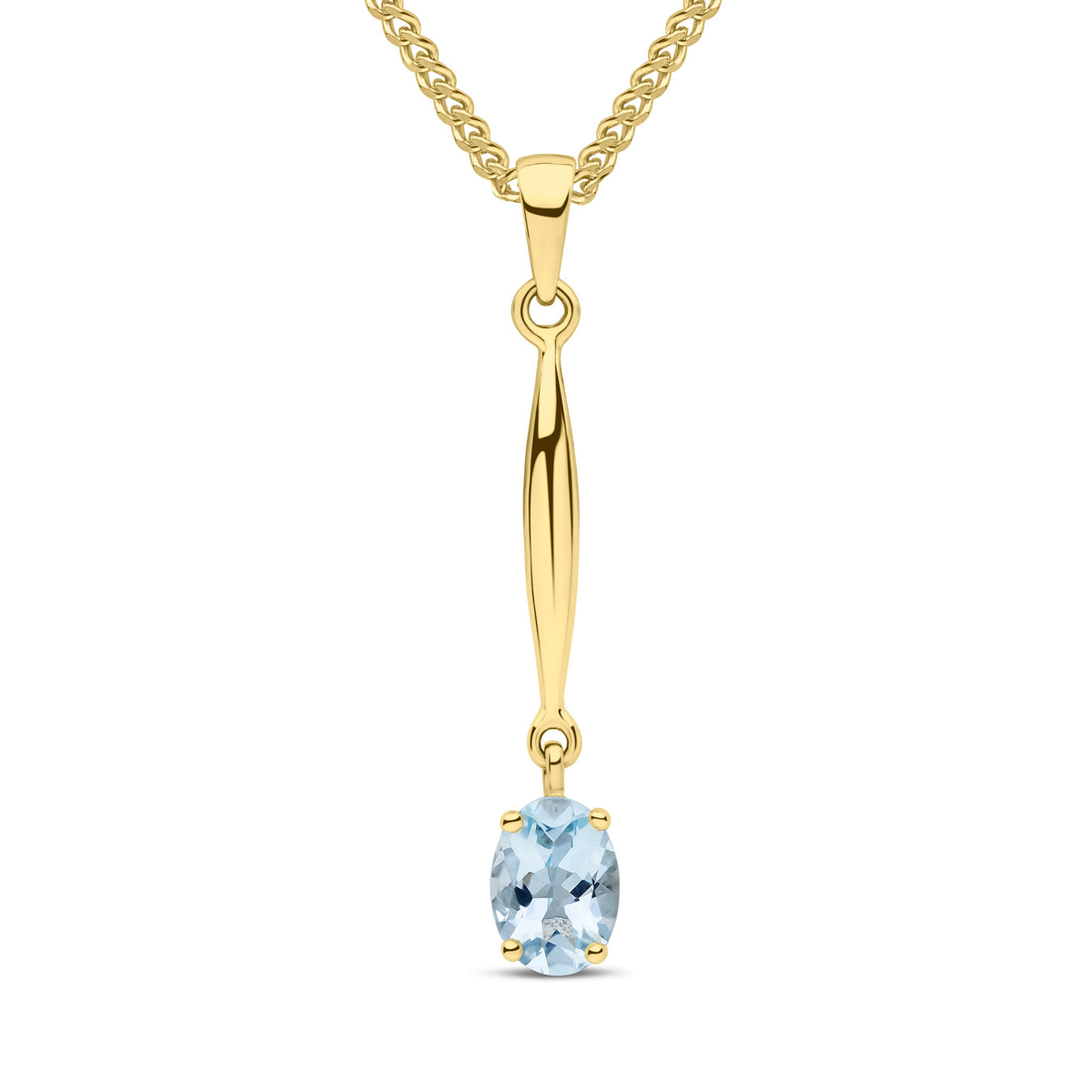 9CT YG 7X5 OVAL CLAW AQUA AND BAR PENDANT