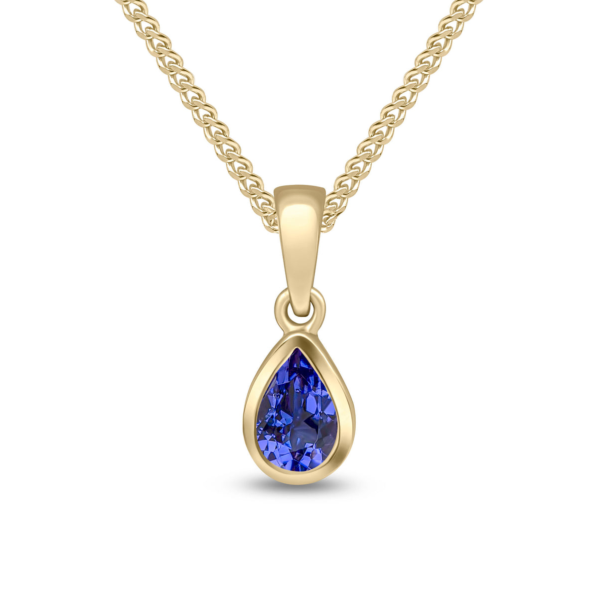 9CT YG 6X4 PEARSHAPE TANZANITE RUBOVER SINGLE STONE PENDANT