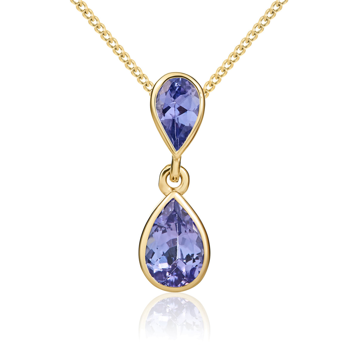 9CT YG PEARSHAPE TANZANITE RUBOVER 2ST DROP PENDANT