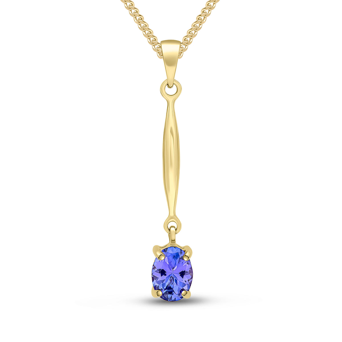 9CT YG 7X5 OVAL CLAW TANZANITE AND BAR PENDANT