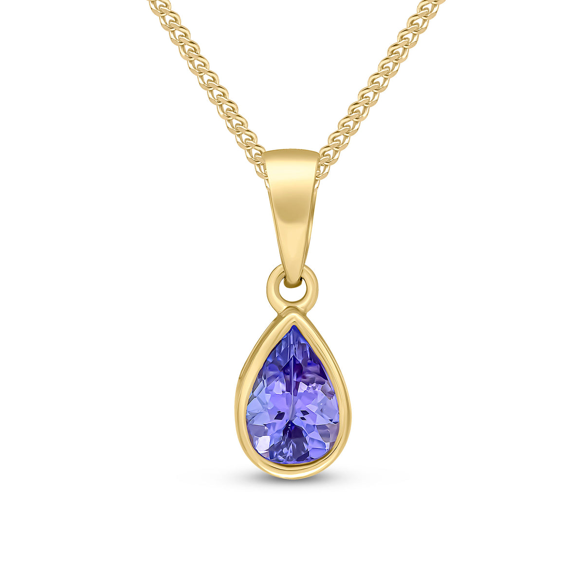 9CT YG 7X5 PEARSHAPE TANZANITE RUBOVER PENDANT