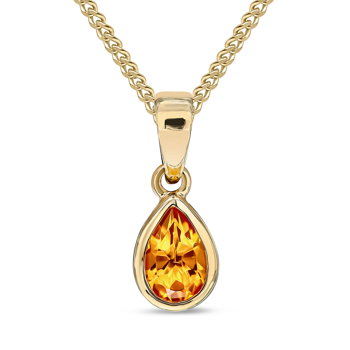 9CT YG 6X4 PEARSHAPE CITRINE RUBOVER SINGLE STONE PENDANT