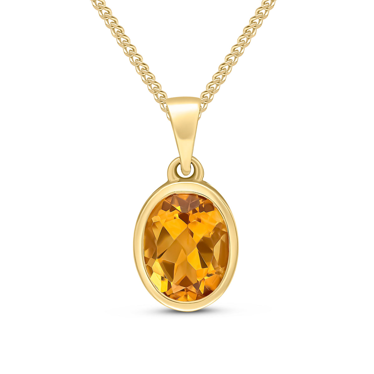 9CT YG 9X7MM OVAL CITRINE SINGLE STONE RUBOVER PENDANT WITH PLAIN LOOP